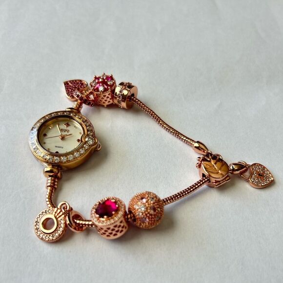 Women’s ruby bracelet watch with crystal beaded rose gold NEW - Picture 2 of 6